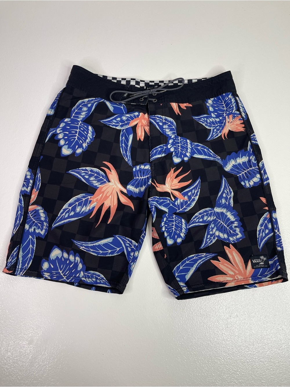 Vans Mens Board Shorts Floral Checkered Swim Trunks Drawstring Pocket Size M